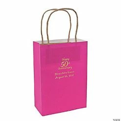 Coupon ⭐ Hot Pink Medium 50th Anniversary Personalized Kraft Paper Gift Bags with Gold Foil - 12 Pc. 🎉