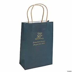 Discount ⌛ Navy Medium 50th Anniversary Personalized Kraft Paper Gift Bags with Gold Foil - 12 Pc. 🔔