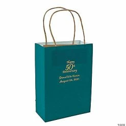 Hot Sale ⭐ Turquoise Medium 50th Anniversary Personalized Kraft Paper Gift Bags with Gold Foil - 12 Pc. 🔥