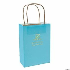 Best Pirce 🎁 Light Blue Medium 50th Anniversary Personalized Kraft Paper Gift Bags with Gold Foil - 12 Pc. 😍