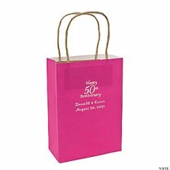 Best Sale 🤩 Hot Pink Medium 50th Anniversary Personalized Kraft Paper Gift Bags with Silver Foil - 12 Pc. 💯