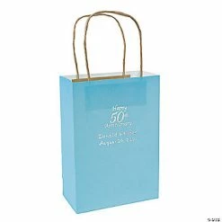 Best Pirce 👏 Light Blue Medium 50th Anniversary Personalized Kraft Paper Gift Bags with Silver Foil - 12 Pc. 🧨
