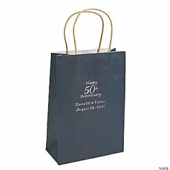 Cheapest 🥰 Navy Medium 50th Anniversary Personalized Kraft Paper Gift Bags with Silver Foil - 12 Pc. 🔔