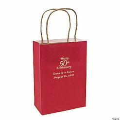 Promo ❤️ Red Medium 50th Anniversary Personalized Kraft Paper Gift Bags with Silver Foil - 12 Pc. ⌛