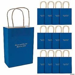 Promo 🎉 6 1/2" x 9" Blue Medium Personalized Kraft Paper Gift Bags with Gold Foil - 12 Pc. 🎉