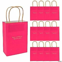 Best Sale 😍 6 1/2" x 9" Hot Pink Medium Personalized Kraft Paper Gift Bags with Gold Foil - 12 Pc. 👏