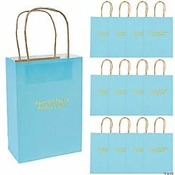 Flash Sale 🔥 6 1/2" x 9" Light Blue Medium Personalized Kraft Paper Gift Bags with Gold Foil - 12 Pc. ❤️