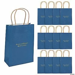 Best Pirce 🧨 6 1/2" x 9" Navy Blue Medium Personalized Kraft Paper Gift Bags with Gold Foil - 12 Pc. 🌟