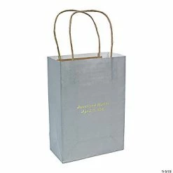 Hot Sale 🥰 6 1/2" x 3" x 9" Medium Personalized Silver Kraft Paper Gift Bags with Gold Foil - 12 Pc. ✔️