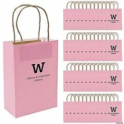 Promo 🤩 6 1/2" x 9" Medium Pink Personalized Monogram Kraft Paper Gift Bags - 48 Pc. 😀