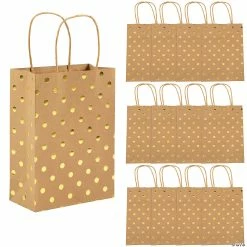 Deals 💯 6" x 3 1/4" Medium Gold Foil Dot Kraft Paper Bags - 12 Pc. 😀